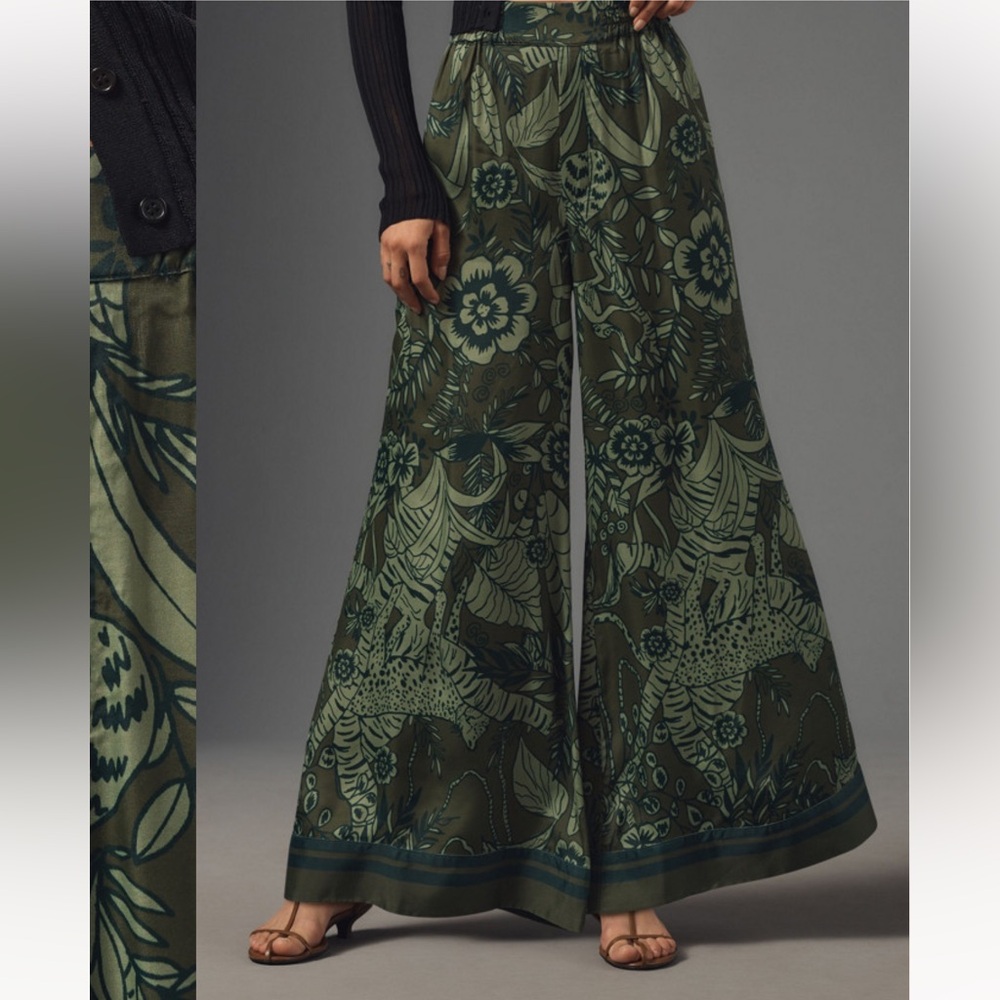 Farm Rio x Anthropologie Satin Tropical Green Wide Leg Pants | S - Picture 4 of 8